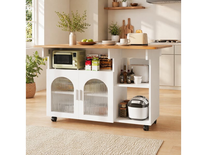  Desserte de cuisine blanche 120 cm avec plateau rabattable, rangements et roulettes  - Conforama B
