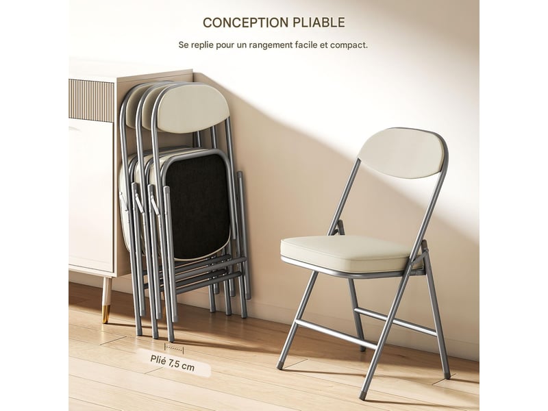  Lot de 4 chaises pliantes rembourrées velours côtelé et métal blanc crème  - Conforama E