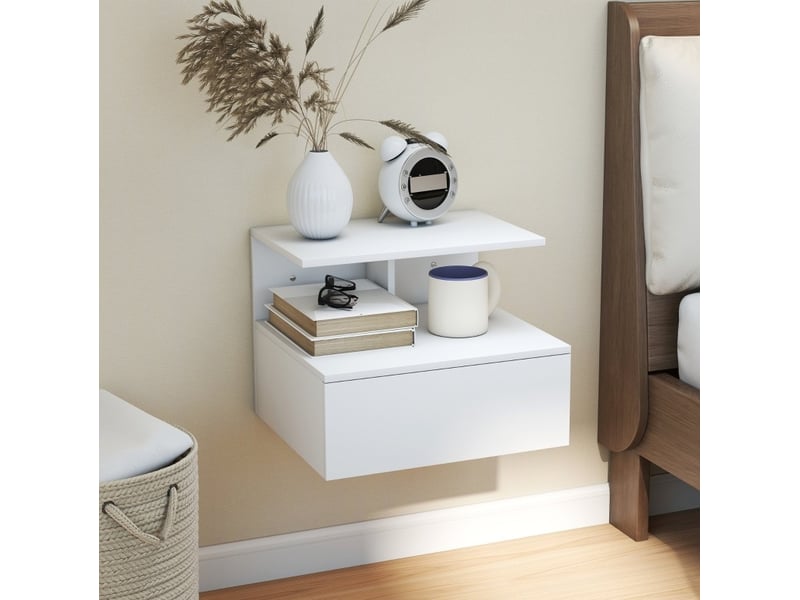  Table de chevet murale 39,8x35x31,6 cm avec tiroir et niche, panneau de particules, blanc  - Conforama D