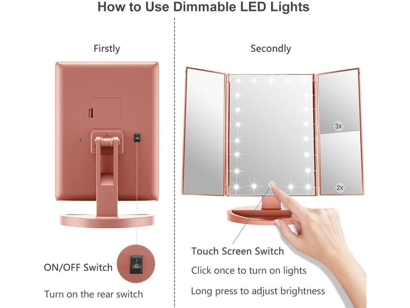  Miroir de maquillage 22 led – grossissement 1x2x3x, tactile, or rose  - Conforama E