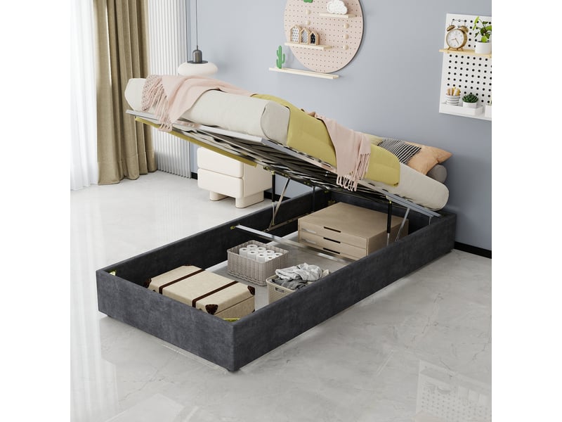  Lit coffre 90x200 cm avec vérins pneumatiques mdf métal, sommier,  couleur gris, sans matelas  - Conforama E