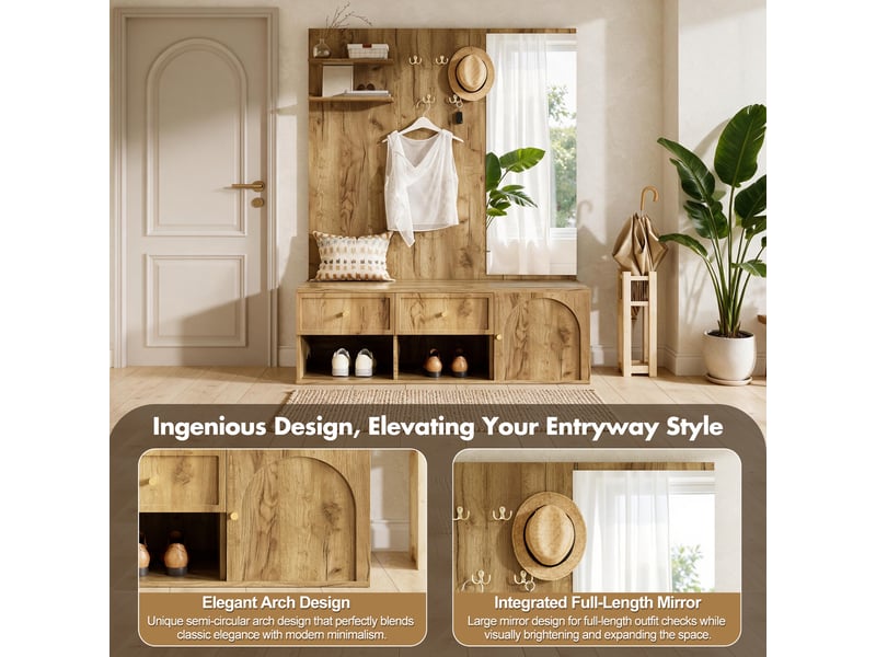 Vestiaire naturel 120×35×159 cm en panneau de particules, banc de rangement, banc à chaussures, miroir intégré - Conforama C
