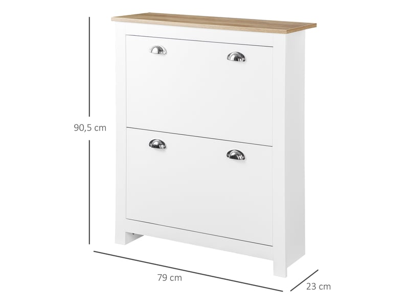  Meuble à chaussures à 2 tiroirs pour 12 paires de chaussures, avec portes à charnières et étagère réglable, 79 x 23 x 90,5 cm, blanc  - Conforama D