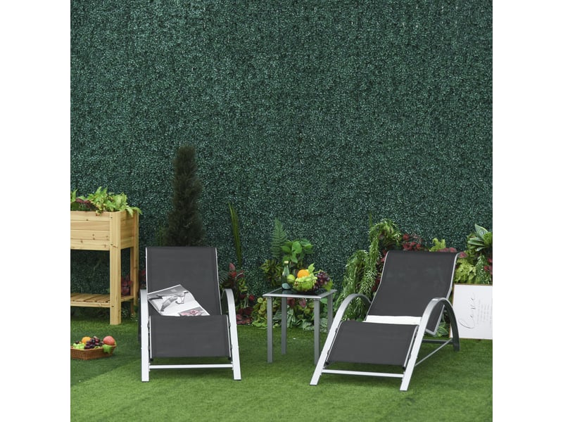  Ensemble jardin 3 pièces maille métallique : 2 chaises longues + 1 table d'appoint, noir et argent, 59 x 169 x 66 cm, pour balcon et jardin  - Conforama C