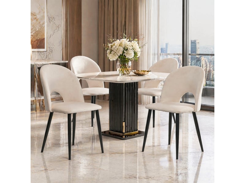  Lot de 4 chaises de salle à manger en velours beige, pieds réglables en métal et dossier à motif losanges  - Conforama C