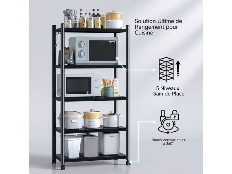  Etagere cuisine mobile 4 niveaux reglage electromenager 60x35x160 cm acier carbone 25 mm noir roulettes 360 verrouillables  - Conforama B