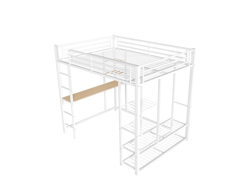  Lit enfant 90x200cm, lit mezzanine avec bureau, étagères, escalier, espace de rangement et sommier, mdf+métal, blanc, sans matelas  - Conforama E