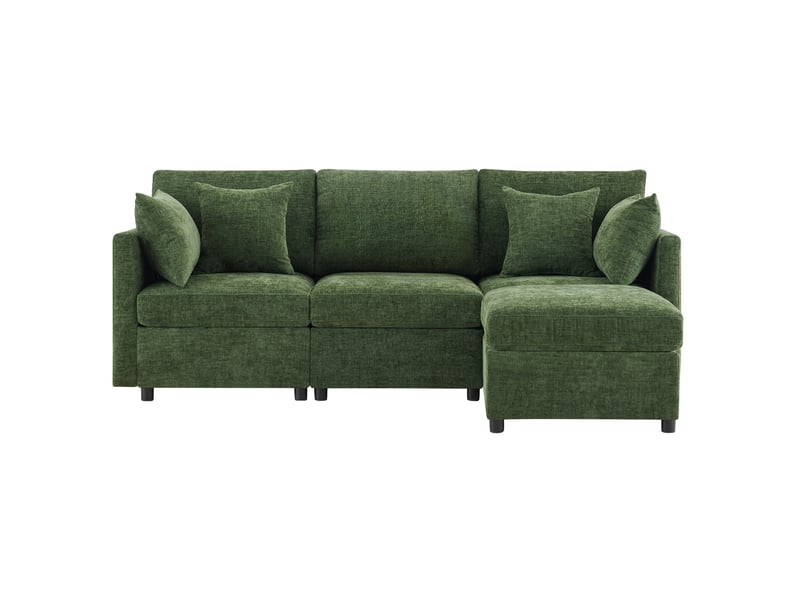 Canapé d’angle modulable 3-4 places vert avec pouf mobile et 4 coussins en chenille - Conforama A
