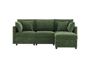 Canapé d’angle modulable 3-4 places vert avec pouf mobile et 4 coussins en chenille