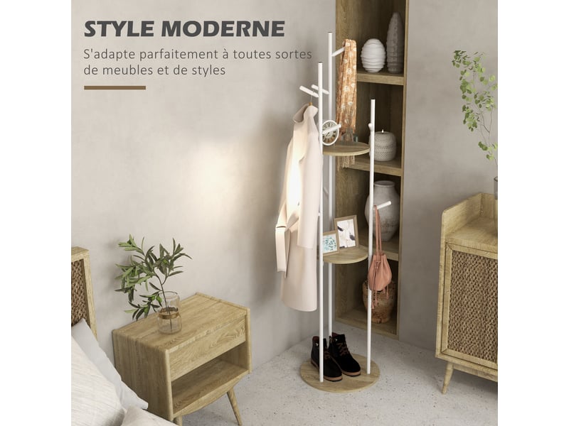 Porte-manteaux sur pied meuble d'entrée en acier avec 9 crochets et 2 rondes étagères 40 x 167 cm naturel et blanc - Conforama D