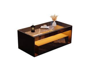 Table basse led noire, table de salon avec 2 tiroirs et double niveau, 100x50x40 cm, verre trempé, noir