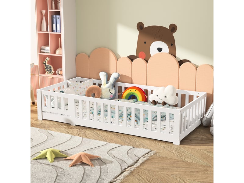  Lit au sol enfant 90x200, lit montessori au sol en bois massif avec barrière de sécurité et sommier à lattes  - Conforama R
