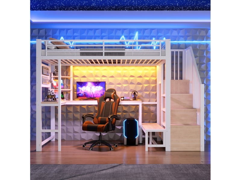  Lit mezzanine 90 × 200 cm avec bureau, escalier de rangement, étagères et éclairage led pour chambre enfant blanc  - Conforama E