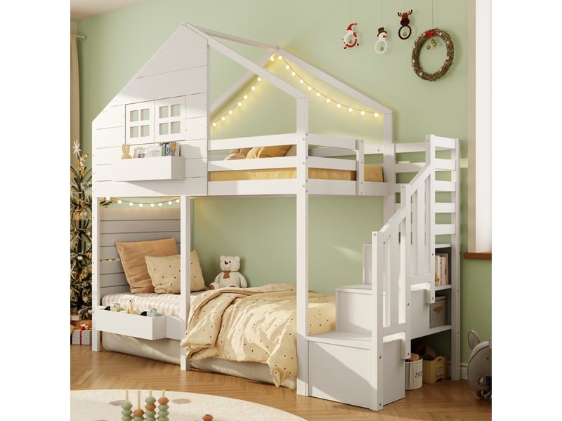  Lit superposé enfant 90x200 cm avec escalier de rangement et fenêtre, bois et mdf, blanc, sans matelas  - Conforama D
