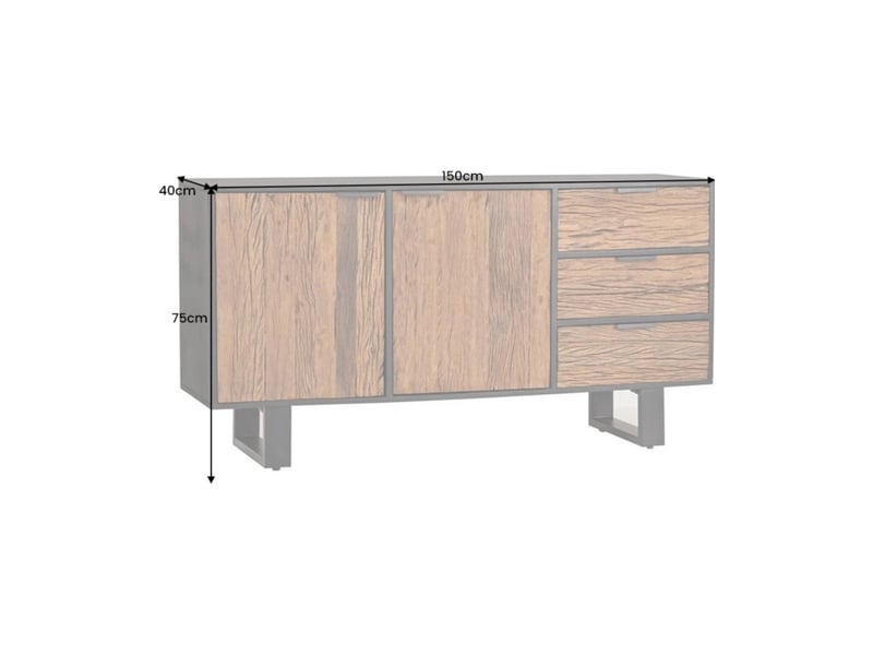 Buffet rafta 150 cm en bois massif de teck et manguier – 2 portes, 3 tiroirs et structure noire - Conforama C