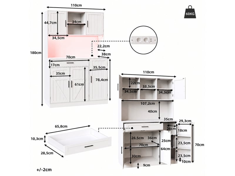 Meuble de cuisine muvano, buffet haut de cuisine blanc, led et prises, 110 × 38 × 180 cm - Conforama W