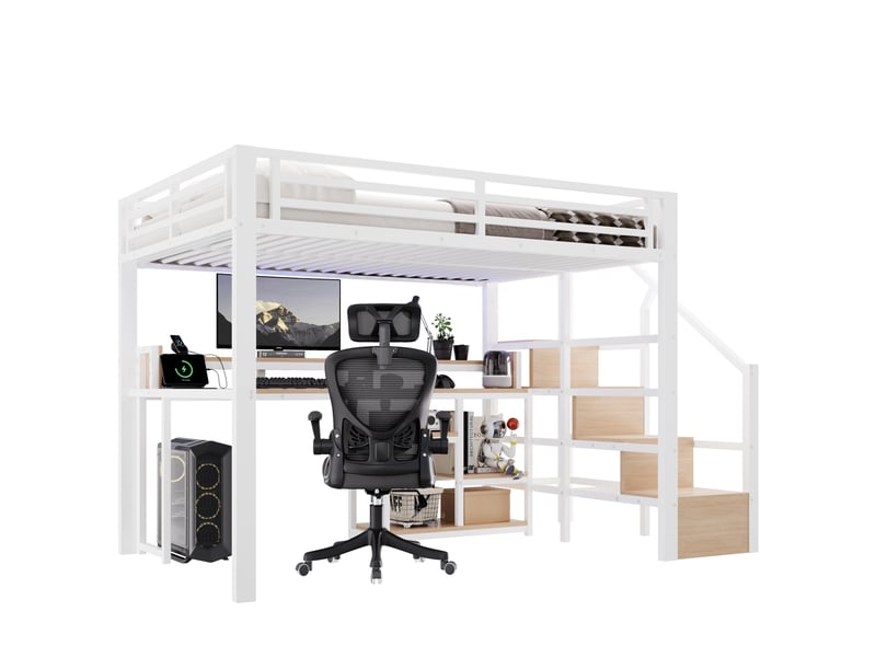  Lit mezzanine 140x200 cm avec rangement, led et usb-c blanc  - Conforama A