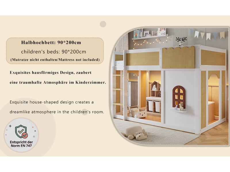  Lit enfant mi-hauteur 90 x 200 cm blanc et bois naturel, espace de jeu ouvert, fenêtre décorative, échelle et guirlande lumineuse  - Conforama B
