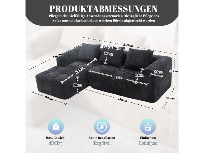  Canapé d’angle en l moderne 3 places noir chenille – méridienne, sans montage, 3 coussins, poche télécommande  - Conforama C