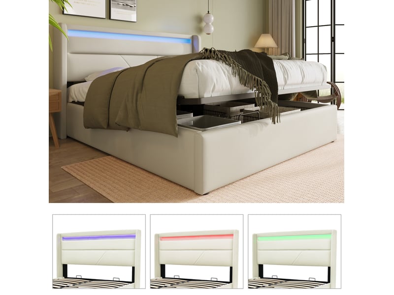  Lit coffre adulte 160x200 cm – blanc – led réglable, rangement hydraulique et sommier inclus - sans matelas  - Conforama E
