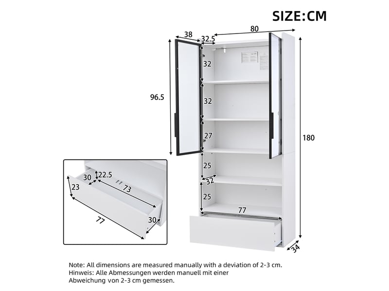  Vitrine led 80 × 34 × 180 cm, avec porte vitrée, 1 tiroir et 6 niveaux de rangement, mdf, blanc, avec étagères réglables, avec rangement modulable CARDUME ESTIVAL - Conforama C