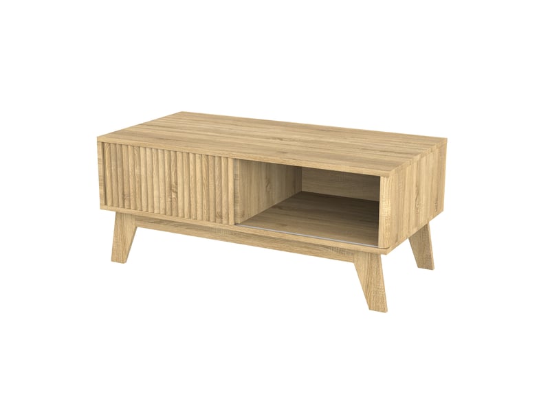 Table basse ovale 95x41x48 cm avec rangement, 1 niche, motif bois, porte coulissante, panneaux de particules, naturel - Conforama E