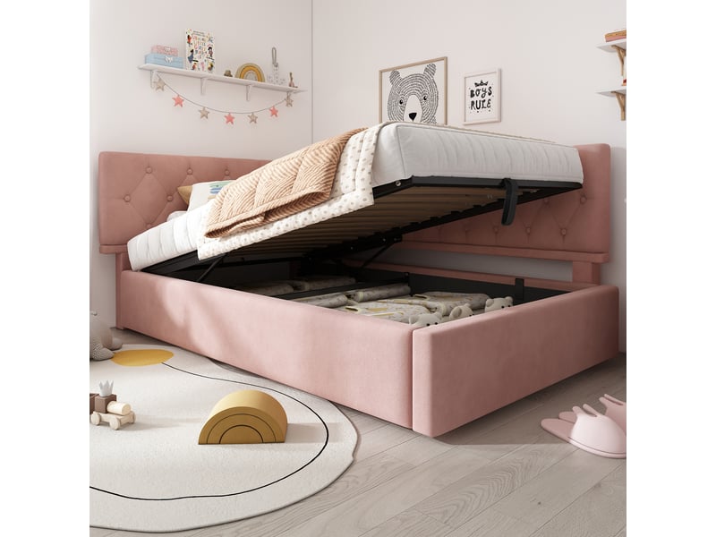  Lit coffre enfant 90x200cm, canapé-lit avec espace de rangement, sommier, velours rose, sans matelas  - Conforama B