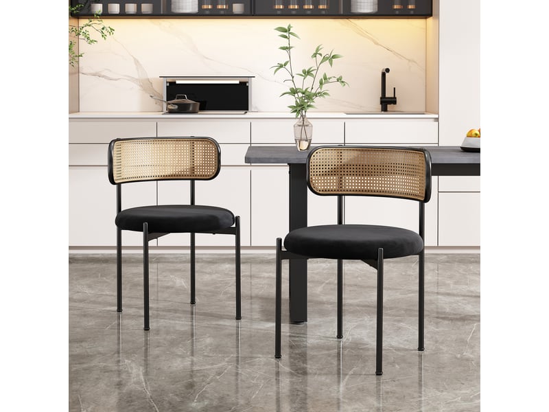  Chaises de salle à manger lot de 2 avec dossier en rotin - lpospi - dossier courbé, pieds en métal, velours noir  - Conforama B