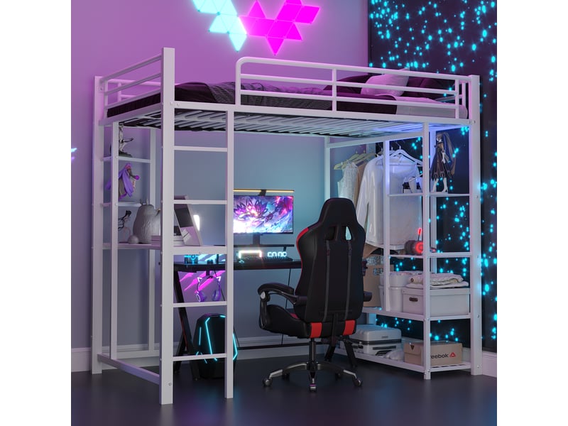  Lit mezzanine enfant 200×90 cm avec bureau, étagères et penderie, sans matelas, en métal blanc  - Conforama C