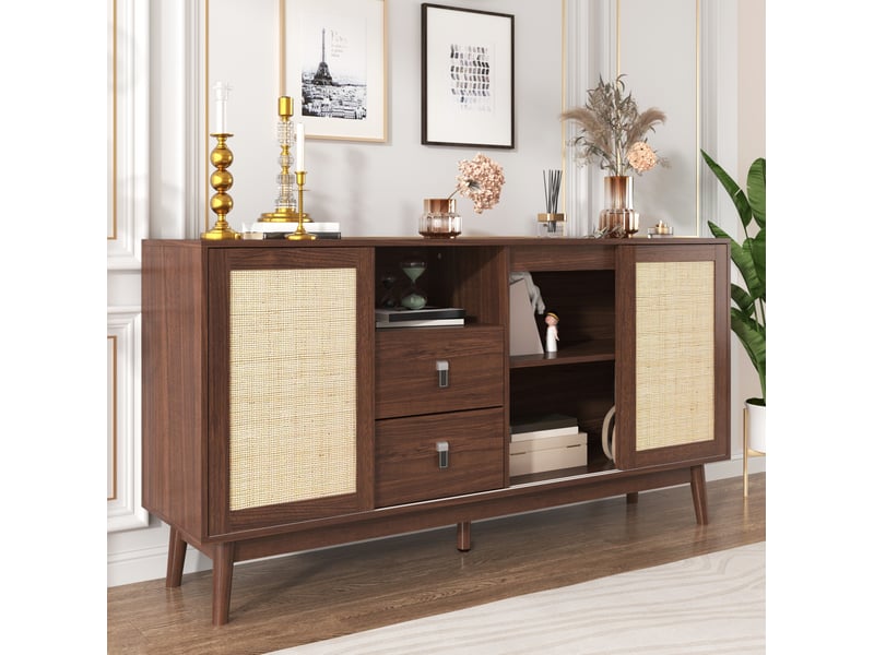  Buffet avec 3 portes coulissantes en rotin véritable et 2 tiroirs, 155 x 38 x 80 cm, bois foncé  - Conforama C