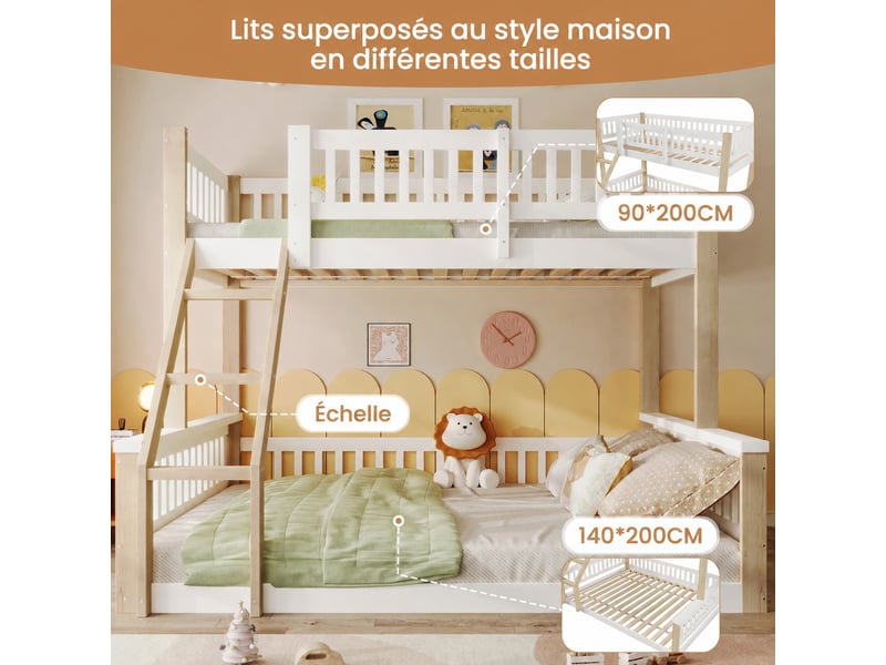 Lit superposé enfant avec couchage inférieur 140 x 200 cm, couchage supérieur 90 x 200 cm, pin blanc et bois naturel  - Conforama W