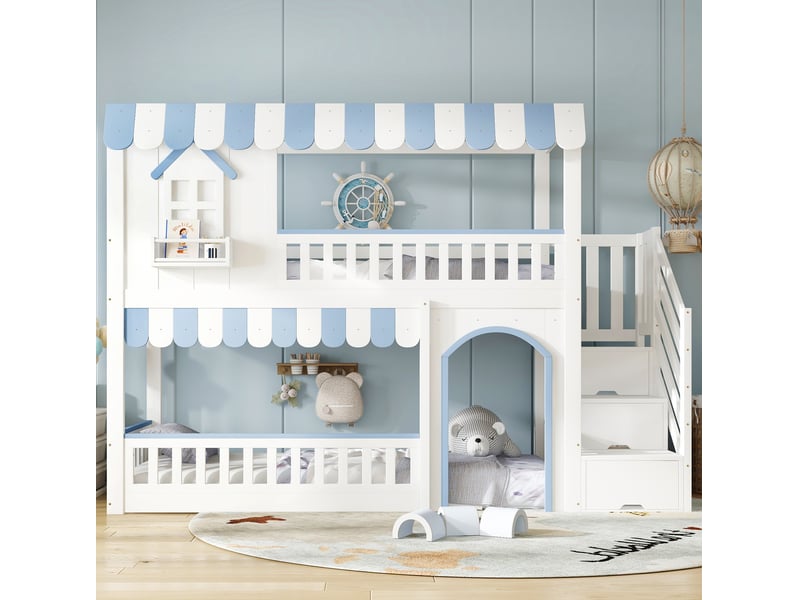  Lit superposé enfant 90x200 cm avec escalier de rangement, blanc et bleu  - Conforama C