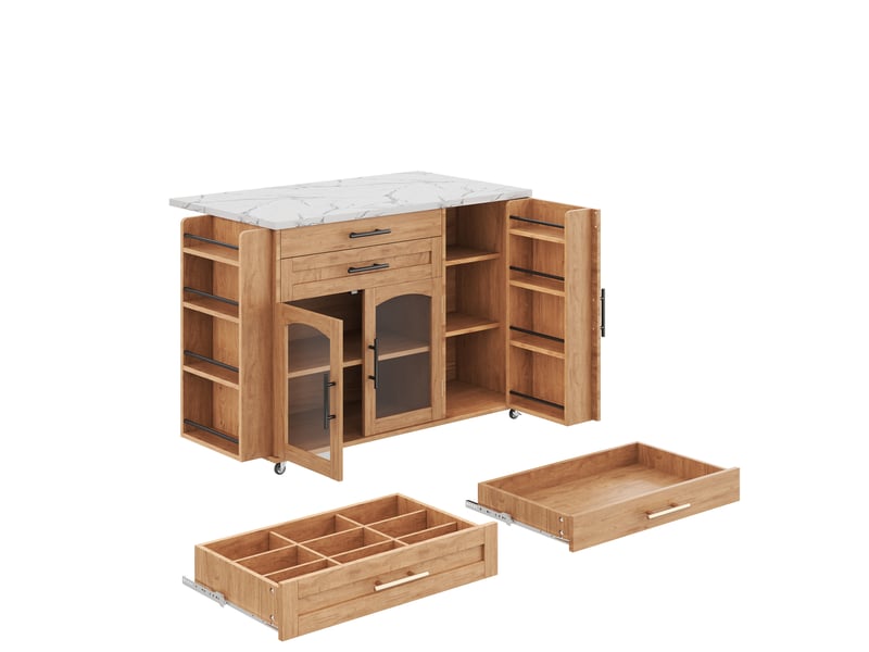  Îlot de cuisine mobile 120 × 45(70) × 90 cm naturel, mdf, plateau rabattable, 5 roulettes, 2 tiroirs et rangements  - Conforama C