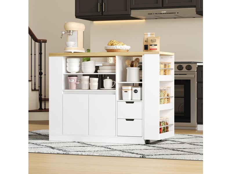  Desserte de cuisine avec 2 tiroirs, étagères latérales et plateau pivotant extensible pour cuisine, 115 × 50 × 92 cm  - Conforama C