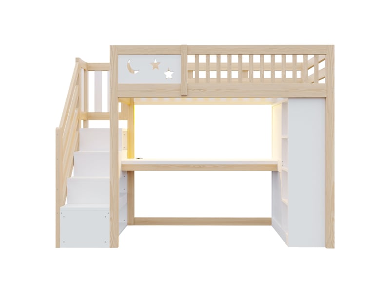  Lit mezzanine en bois 90 × 200 cm, avec rambarde unique, incluant bureau, étagères ouvertes et armoire, finition bois  - Conforama A