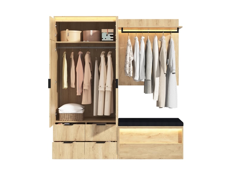  Armoire de penderie 180x47x200 cm, vestiaire d'entrée complet avec miroir et banc rembourré, avec éclairage led, en mdf, chêne  - Conforama D