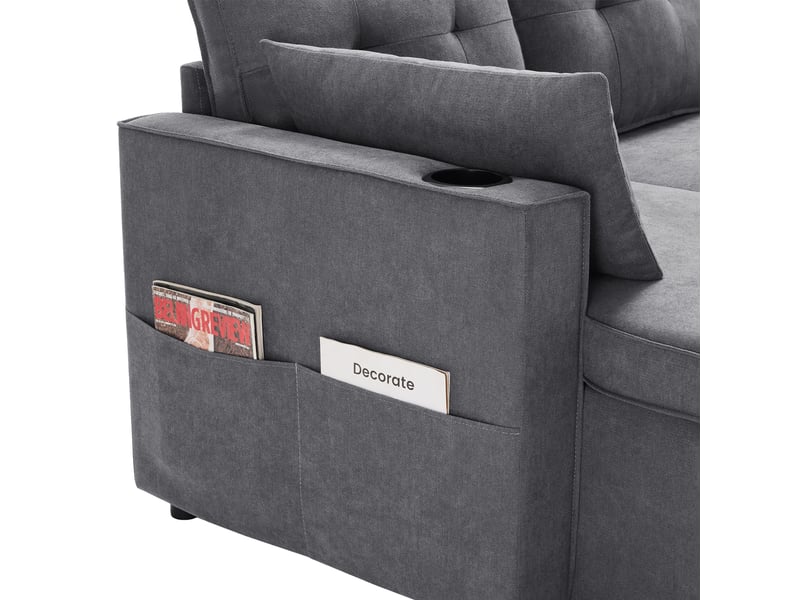  Canapé convertible en u 4 places tissu aspect lin gris avec coffre intégré et porte-gobelets  - Conforama W