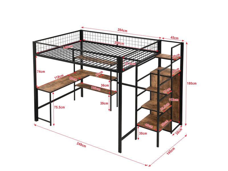  Lit mezzanine 140 x 200 cm avec bureau, étagères et armoire, noir et marron  - Conforama C