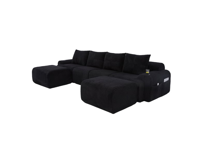 Canapé modulaire 4 places noir en velours côtelé avec 2 poufs, porte-gobelet et poche, pour soirées conviviales  - Conforama A