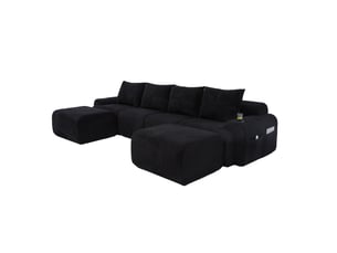 Canapé modulaire 4 places noir en velours côtelé avec 2 poufs, porte-gobelet et poche, pour soirées conviviales