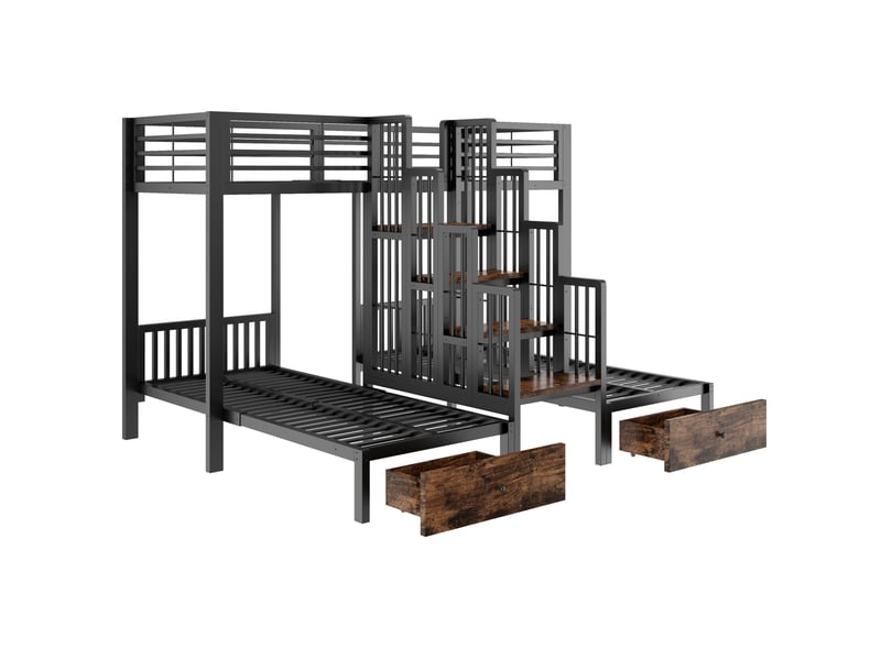 Lit superposé triple 90x200 cm avec escalier central, tiroirs et garde-corps noir  - Conforama E