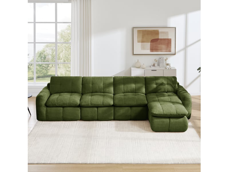 Canapé d'angle modulable 4 places avec ottoman sans cadre, en chenille vert - Conforama B