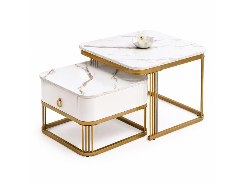  Tables basses gigognes avec tiroir, design emboîtable, effet marbre brillant et cadre métal doré pour salon, mdf blanc  - Conforama A