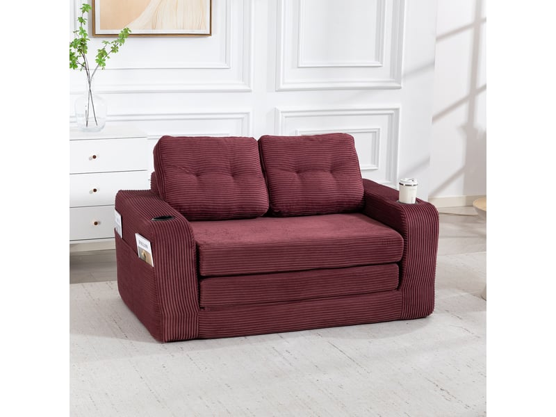  Canapé droit 2 places en velours côtelé rouge bordeaux, modulable, 2 porte-gobelets et poches latérales, 136 cm IKSETERA TRADING LTD - Conforama D