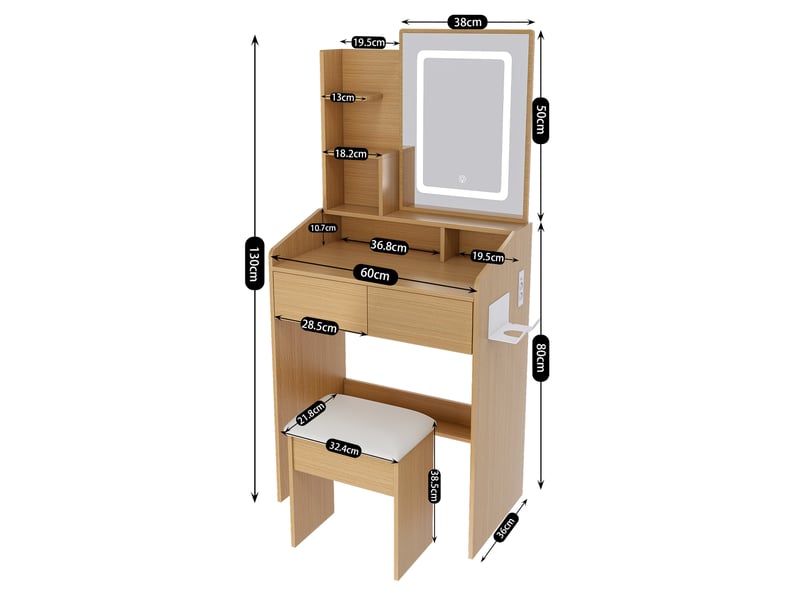  Table de maquillage led - miroir éclairé led réglable - prise électrique intégrée - support de sèche-cheveux 60x36x130cm - Conforama C