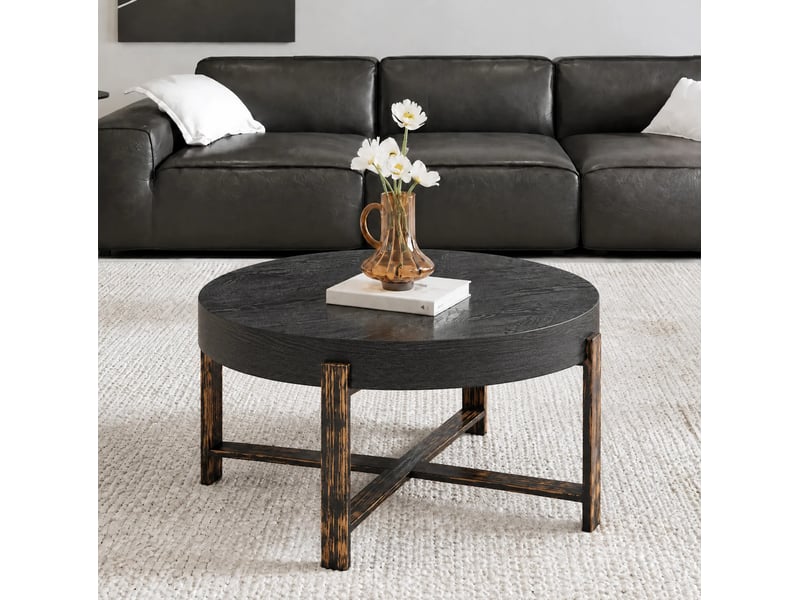  Table d'appoint ronde noire ø 68 cm en mdf et métal, piètement croisé stable  - Conforama B