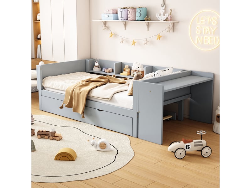  Lit plat 90*200cm, gris, avec lit gigogne, bureau et trois étagères, structure en pin et mdf, sans matelas  - Conforama C