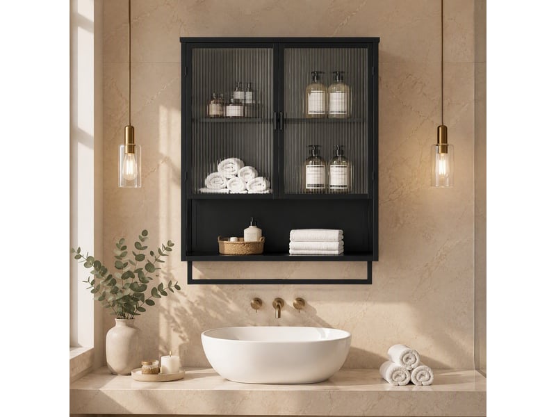 Armoire murale 2 portes vitrées avec niche ouverte et porte-serviettes pour salle de bain, noir, 60 × 23 × 78 cm - Conforama D
