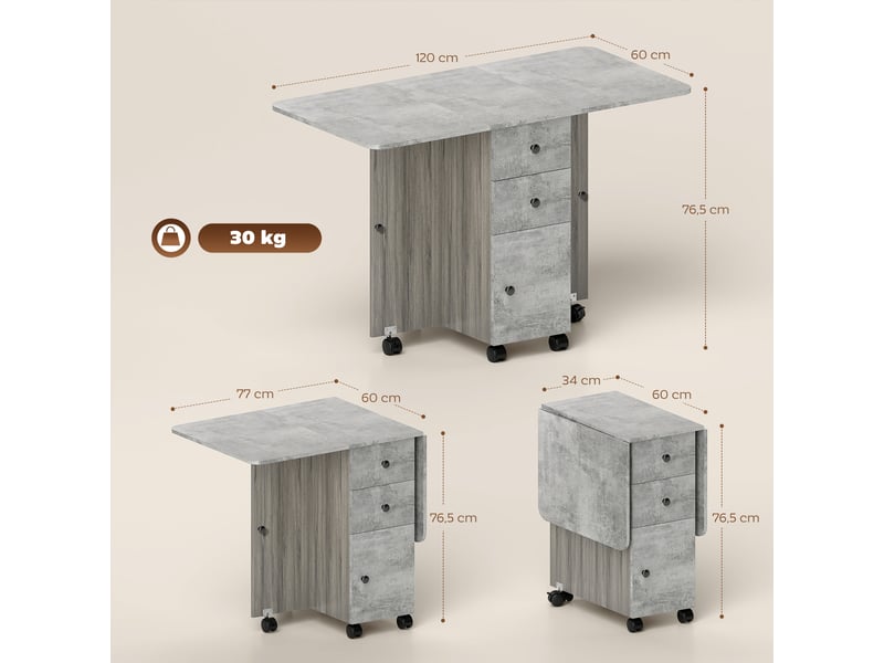  Table de salle à manger pliante à roulettes, rallonge rabattable, 2 tiroirs et un placard, jusqu'à 6 couverts, 120 x 60 x 76,5 cm, grise  - Conforama E