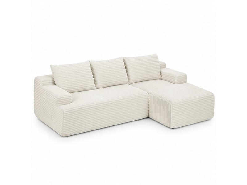  Canapé d'angle convertible 4 places en velours côtelé beige, méridienne droite, confort cloud pour le salon  - Conforama A